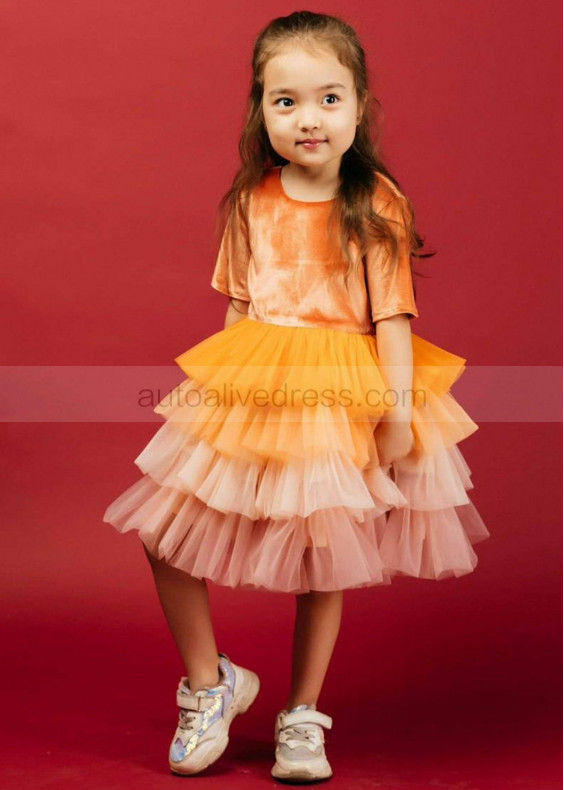 Elbow Sleeves Orange Velvet Ombre Tiered Tulle Flower Girl Dress Elbow Sleeves Orange Velvet Ombre Tiered Tulle Flower Girl Dress